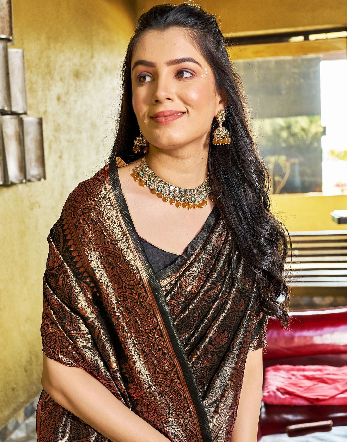 Black and Copper Banarasi Silk Saree