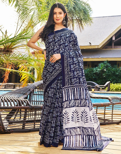 Ready to Wear Dark Blue Printed Cotton Saree