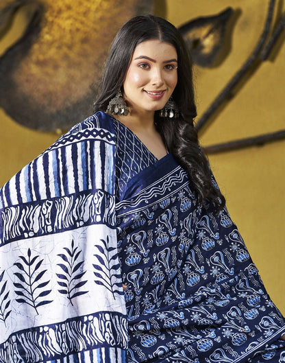 Ready to Wear Dark Blue Printed Cotton Saree