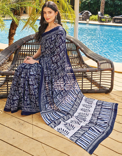 Ready to Wear Dark Blue Printed Cotton Saree