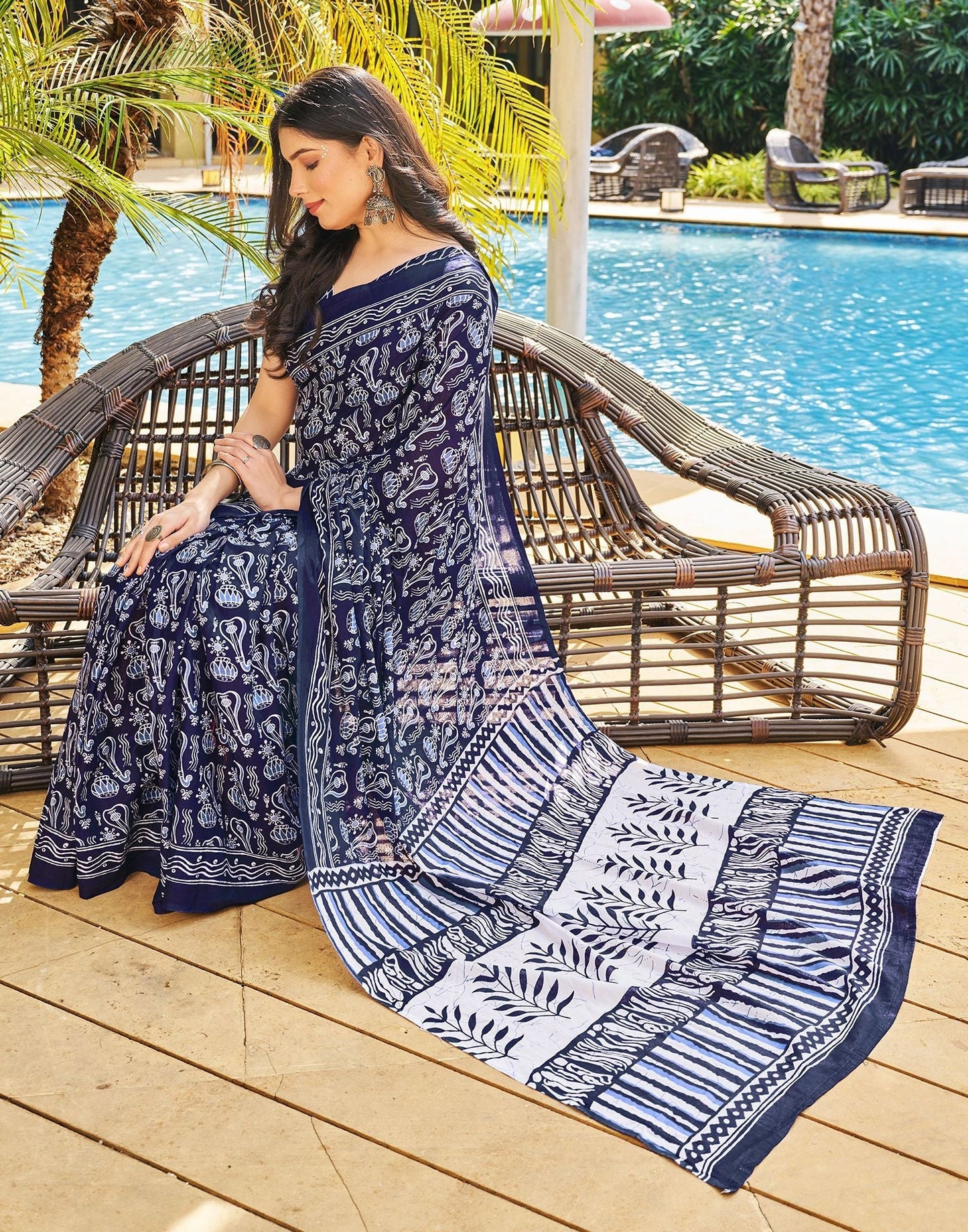 Ready to Wear Dark Blue Printed Cotton Saree