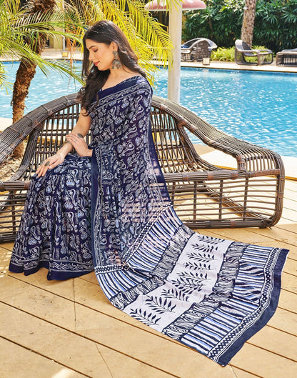 Ready to Wear Dark Blue Printed Cotton Saree