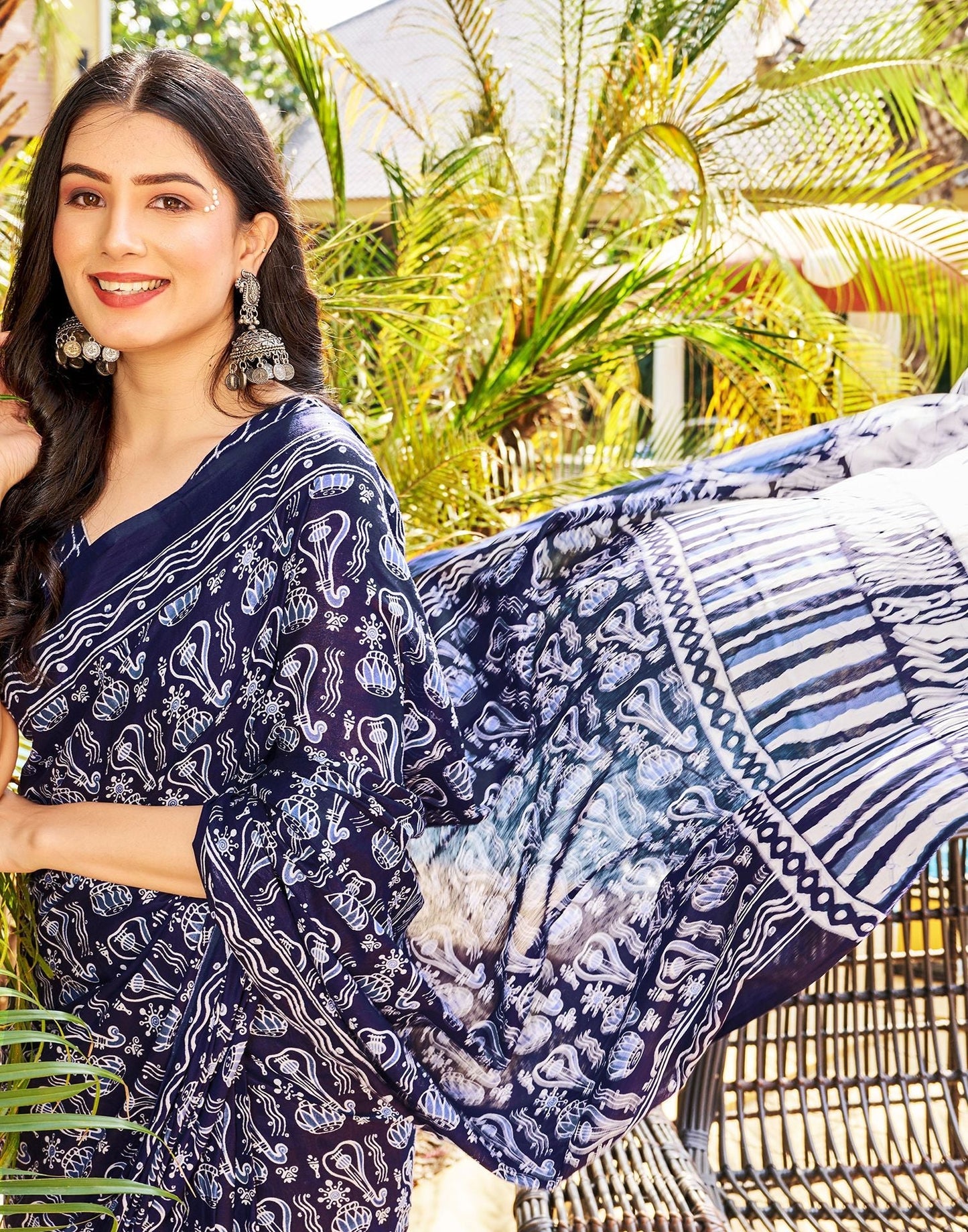 Ready to Wear Dark Blue Printed Cotton Saree