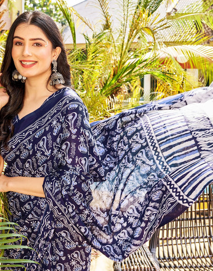Ready to Wear Dark Blue Printed Cotton Saree