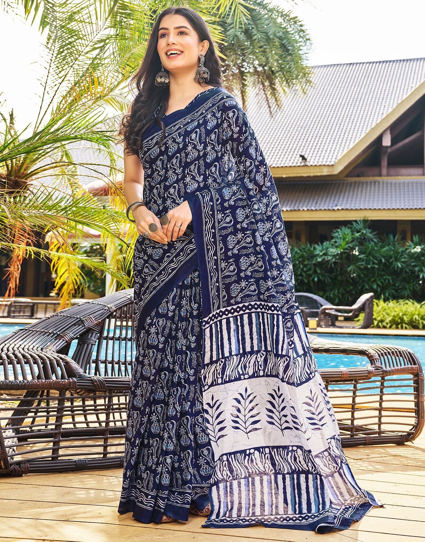 Ready to Wear Dark Blue Printed Cotton Saree