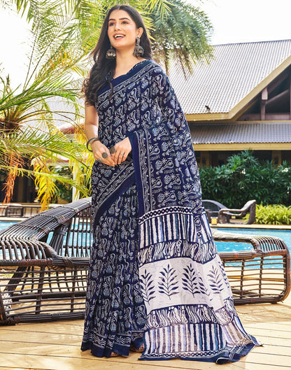 Ready to Wear Dark Blue Printed Cotton Saree