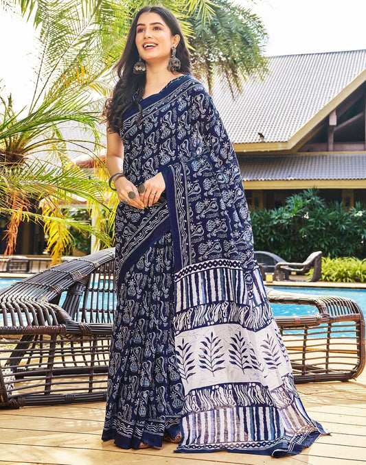 Ready to Wear Dark Blue Printed Cotton Saree