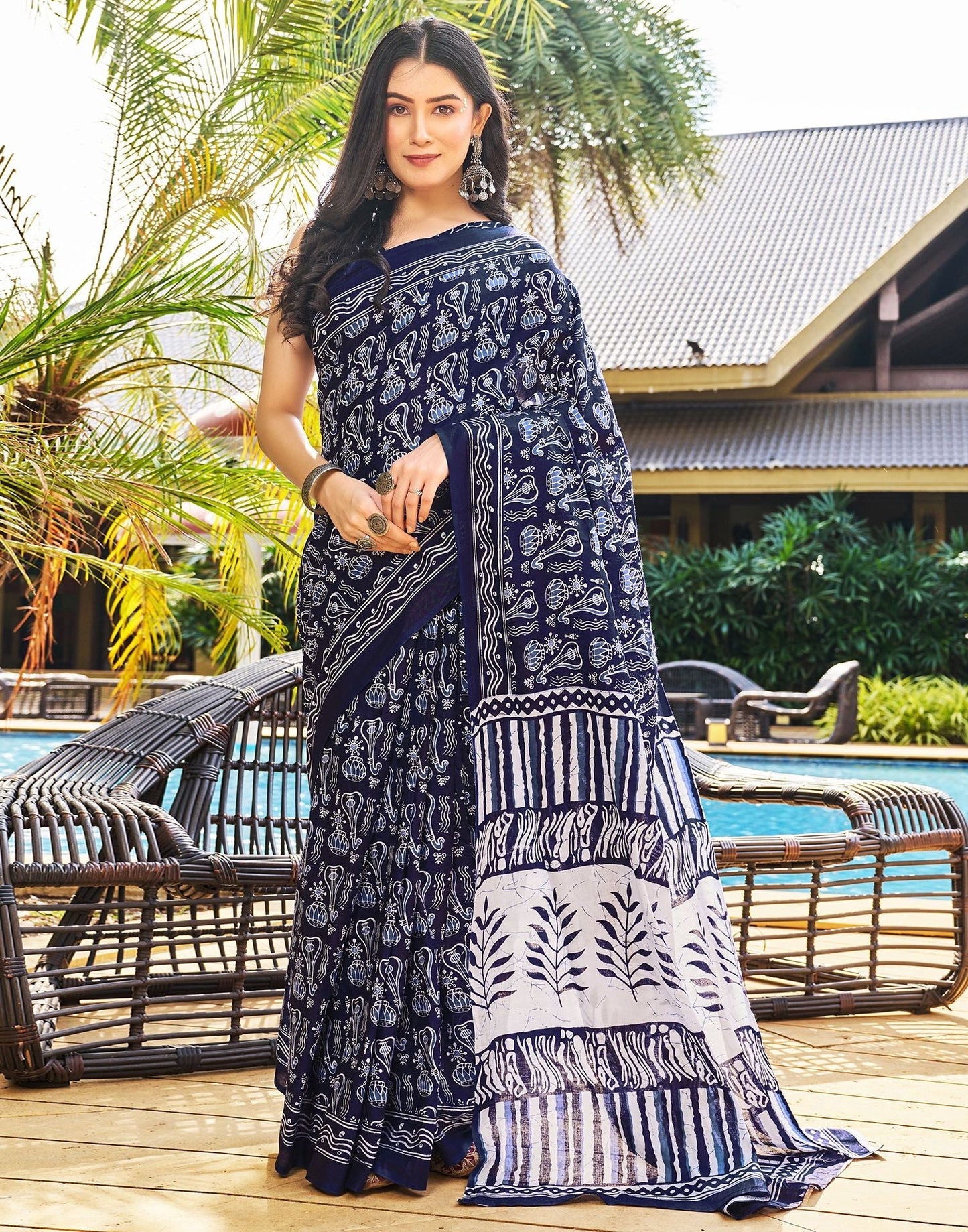 Ready to Wear Dark Blue Printed Cotton Saree