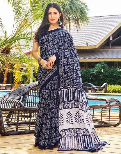Ready to Wear Dark Blue Printed Cotton Saree