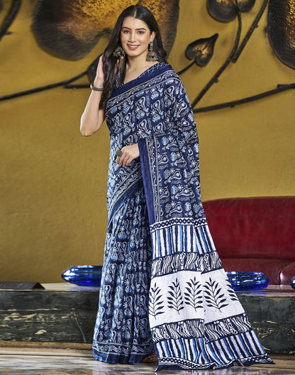 Ready to Wear Dark Blue Printed Cotton Saree