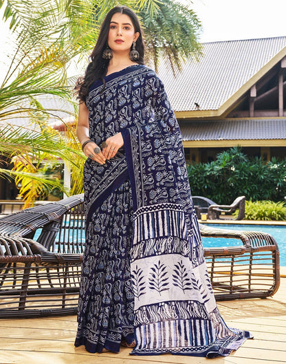 Ready to Wear Dark Blue Printed Cotton Saree