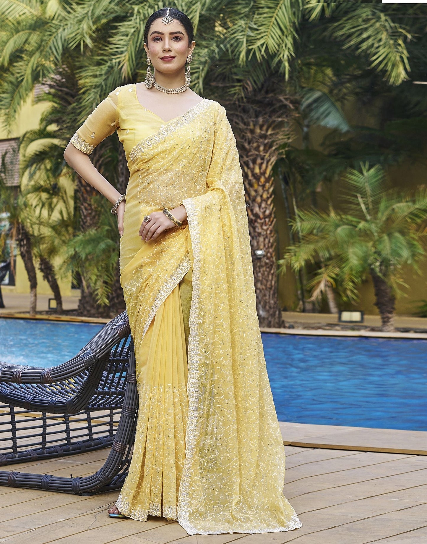 Yellow Plain Chiffon Saree