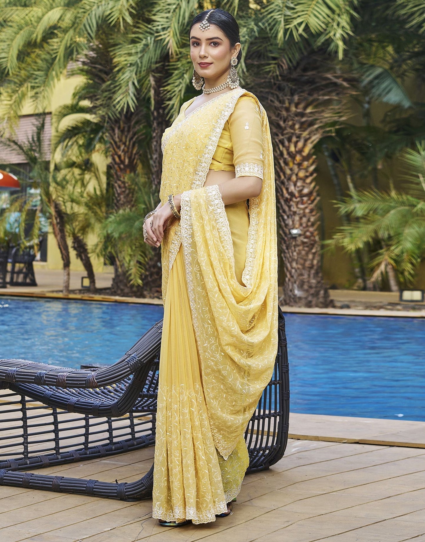 Yellow Plain Chiffon Saree