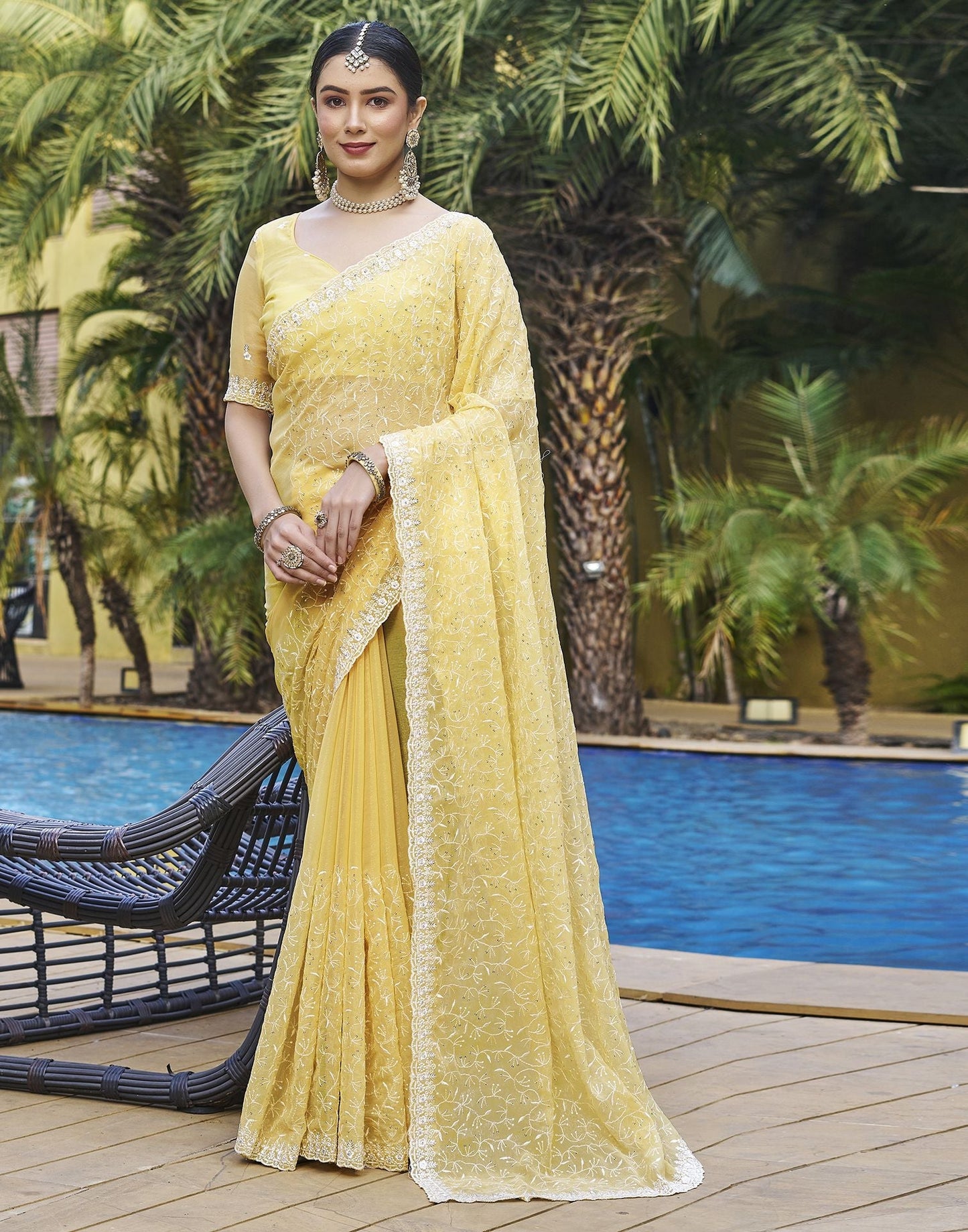 Yellow Plain Chiffon Saree