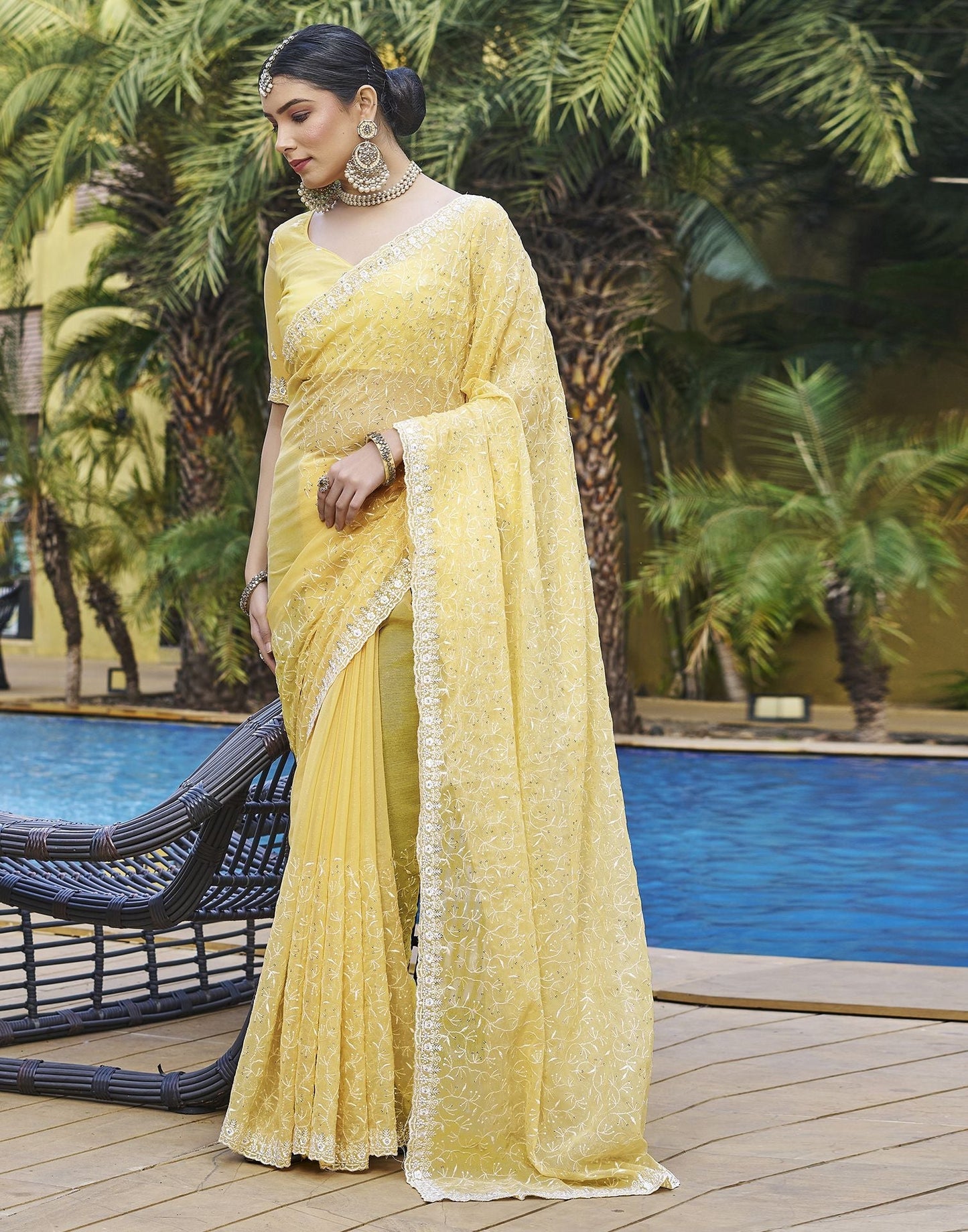 Yellow Plain Chiffon Saree