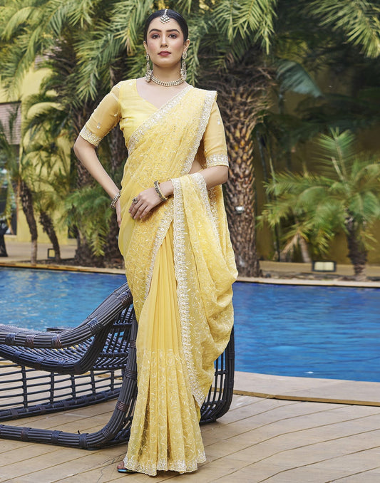 Yellow Plain Chiffon Saree