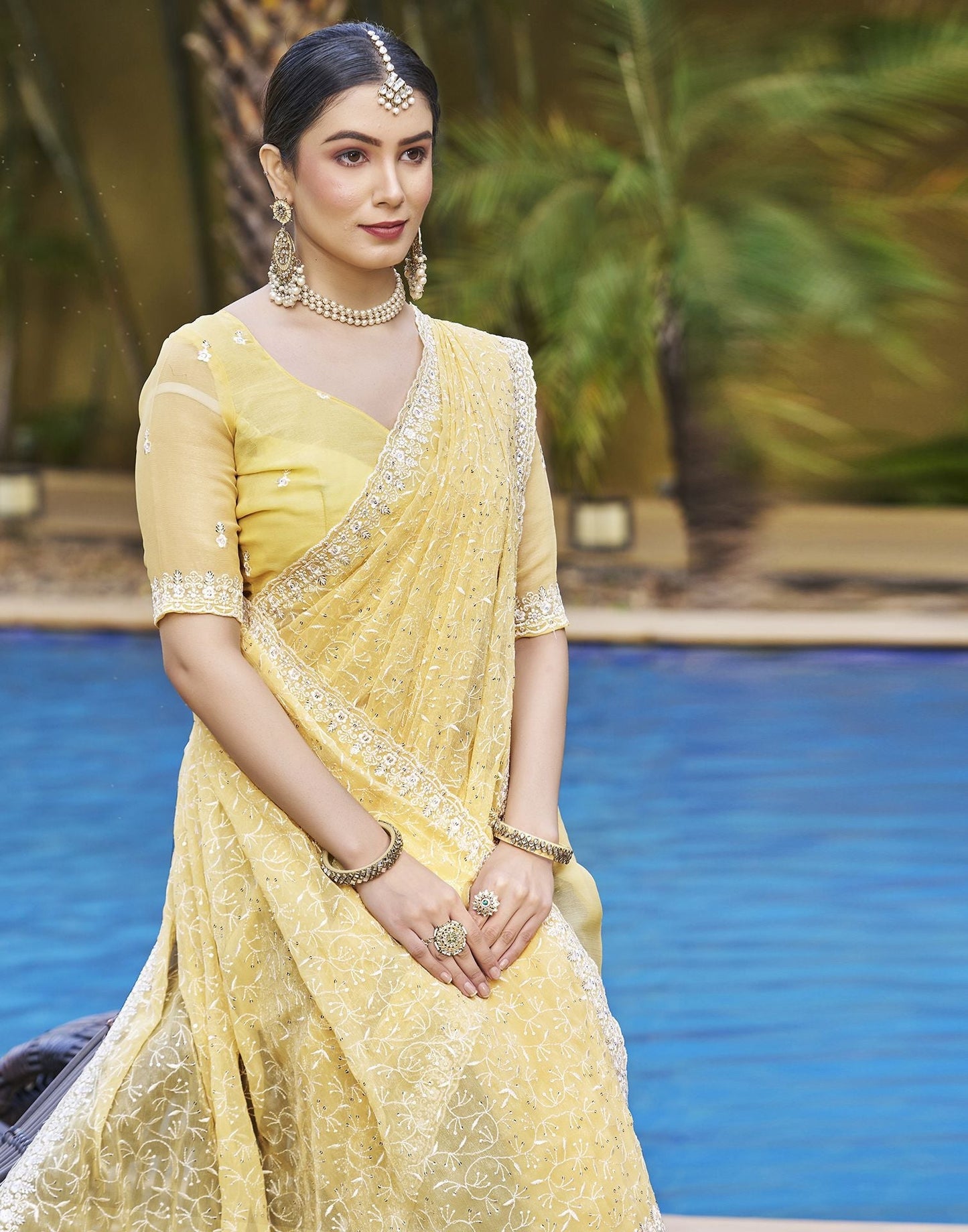 Yellow Plain Chiffon Saree