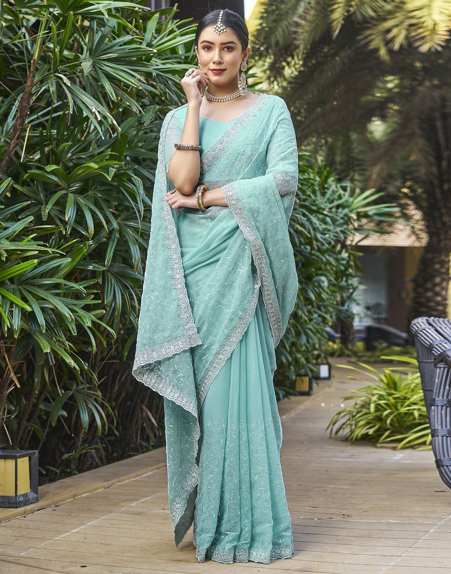 Sky Blue Plain Chiffon Saree