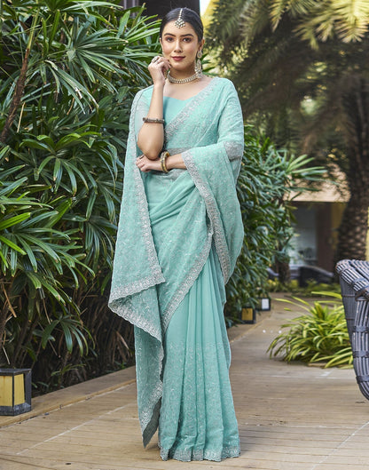 Sky Blue Plain Chiffon Saree