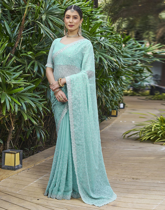 Sky Blue Plain Chiffon Saree