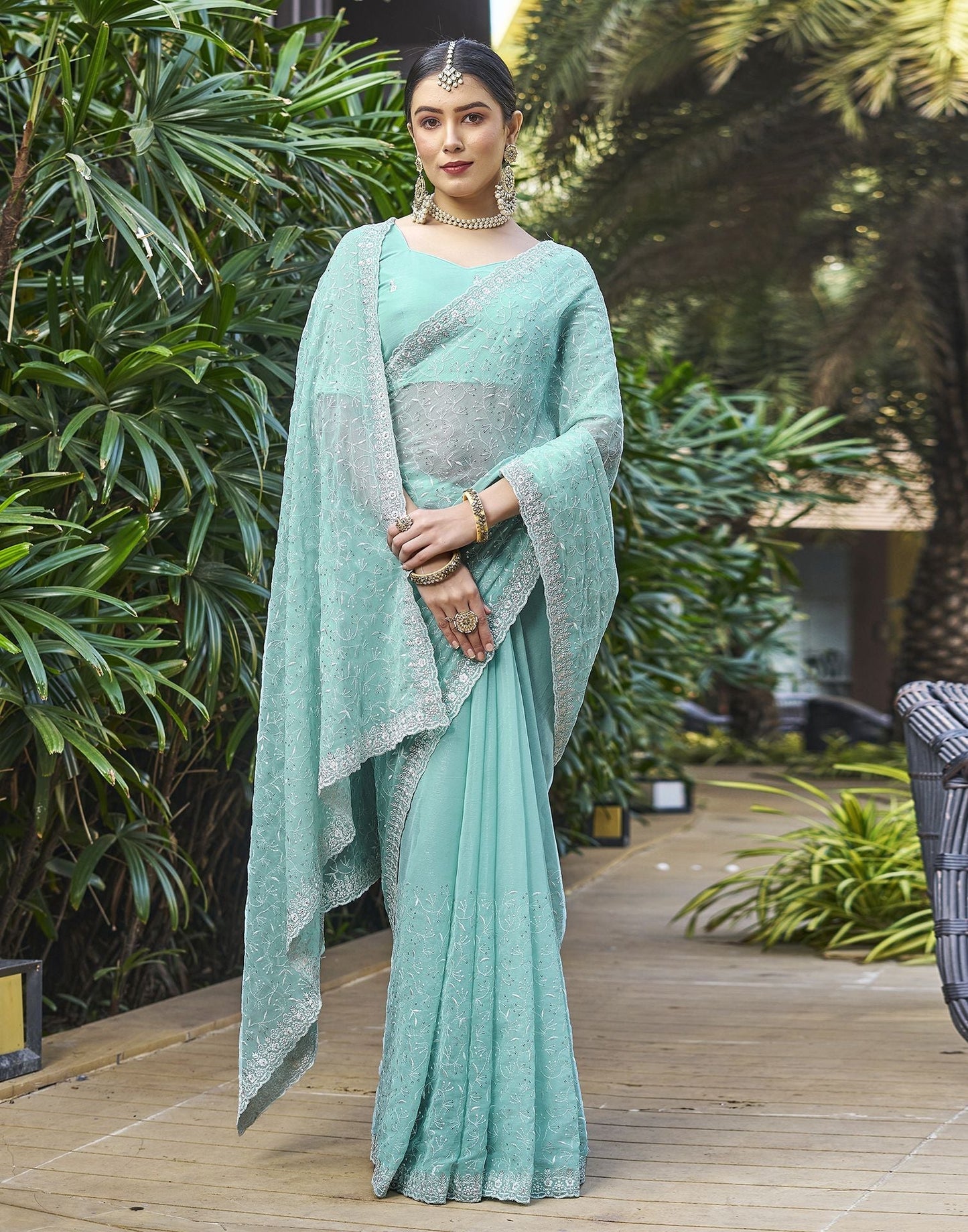 Sky Blue Plain Chiffon Saree