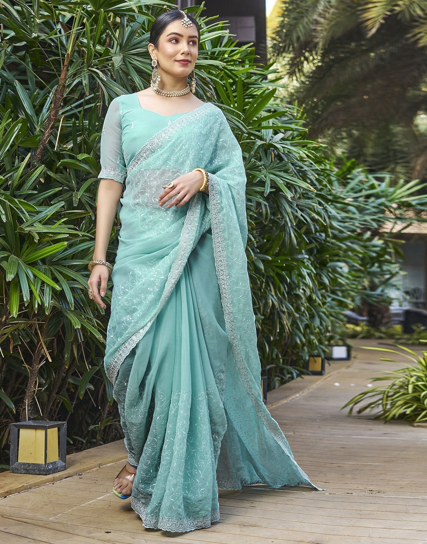 Sky Blue Plain Chiffon Saree