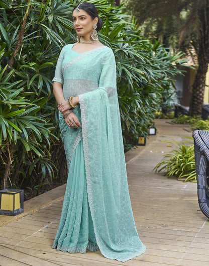 Sky Blue Plain Chiffon Saree