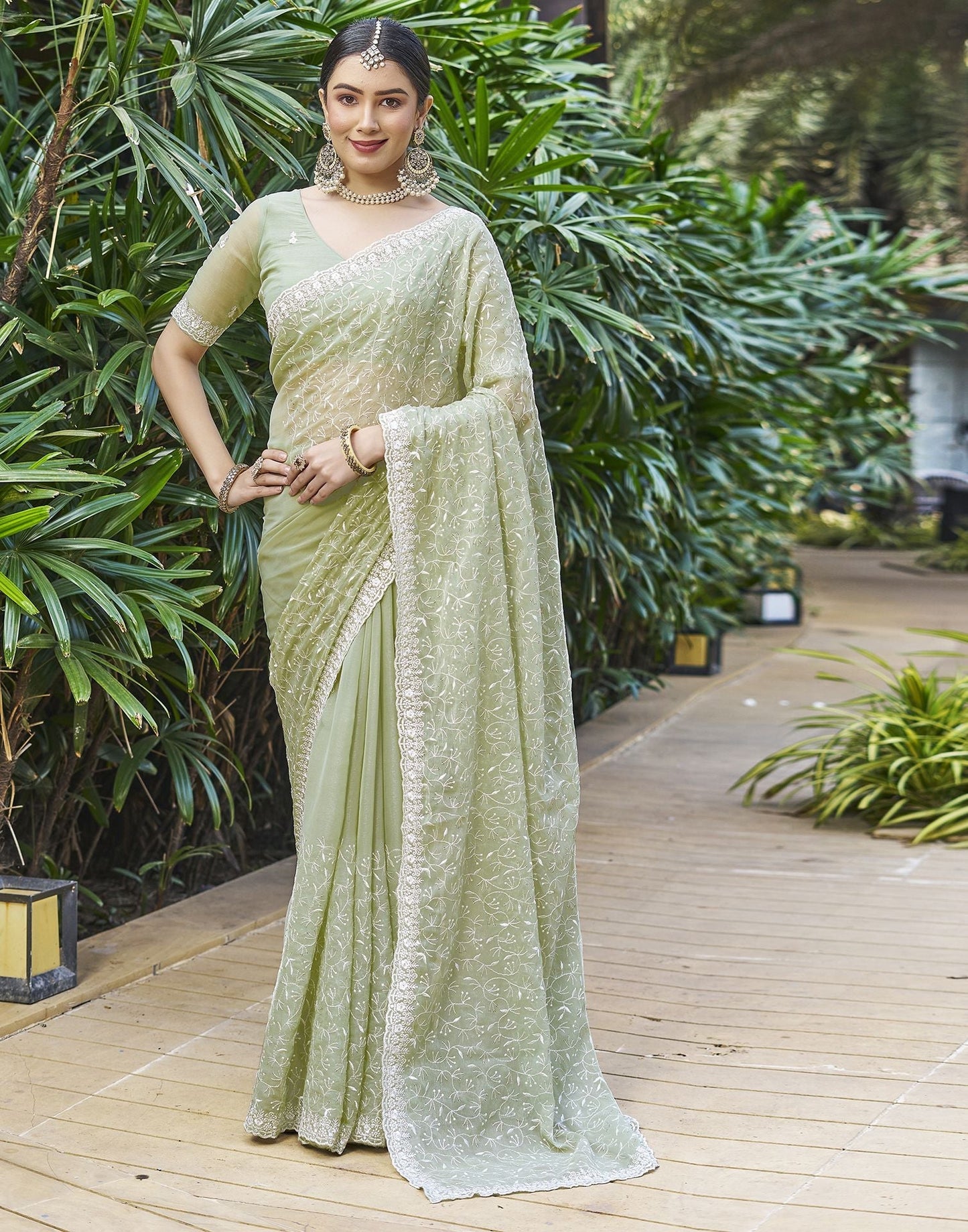 Pastel Green Plain Chiffon Saree