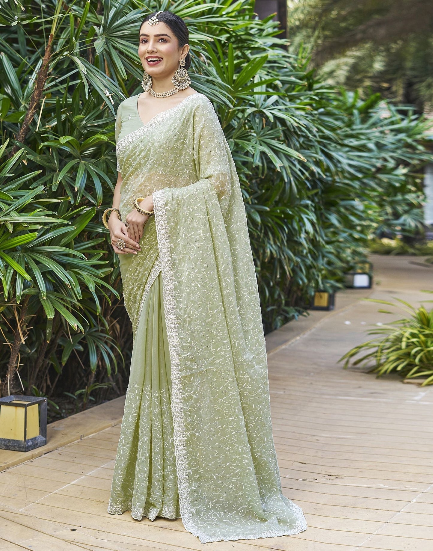 Pastel Green Plain Chiffon Saree