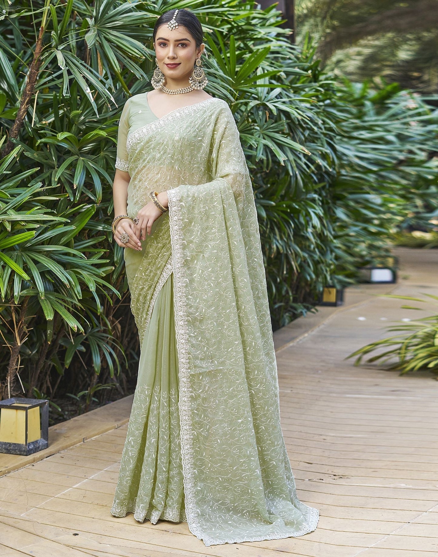 Pastel Green Plain Chiffon Saree