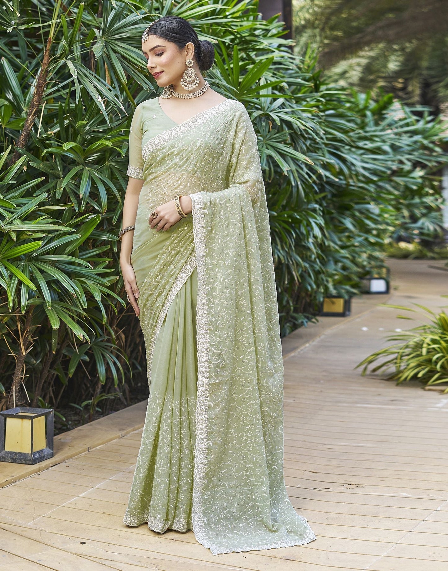Pastel Green Plain Chiffon Saree