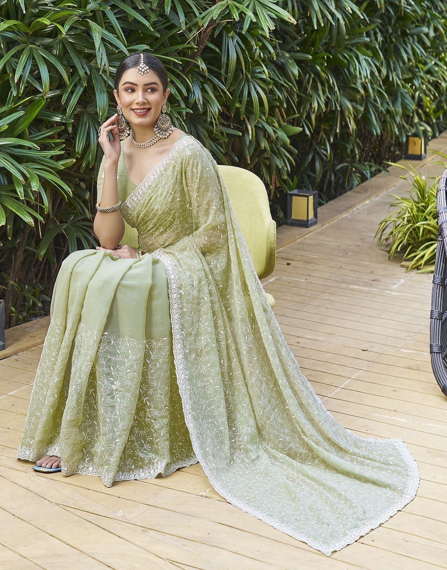 Pastel Green Plain Chiffon Saree