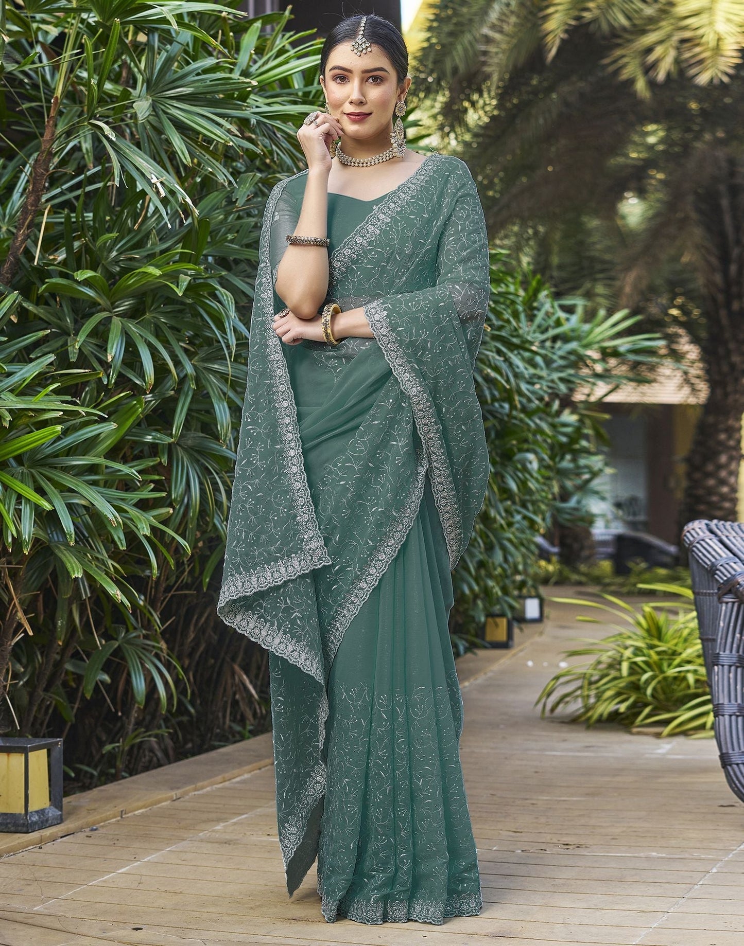 Dull Teal Plain Chiffon Saree