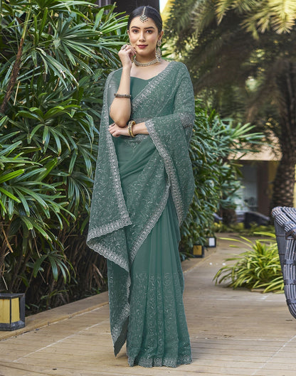 Dull Teal Plain Chiffon Saree