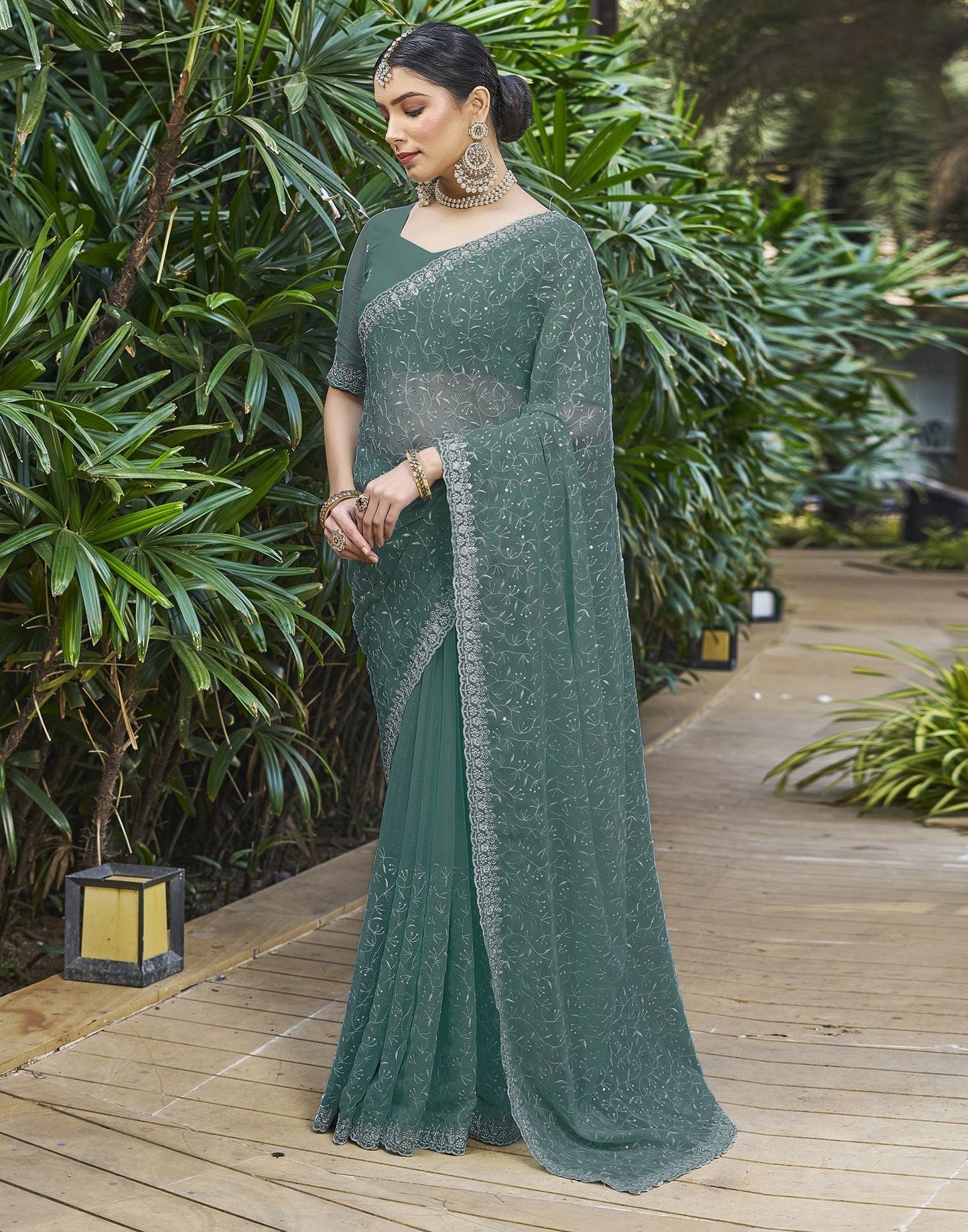 Dull Teal Plain Chiffon Saree