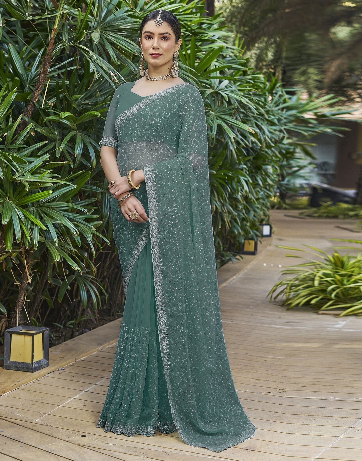 Dull Teal Plain Chiffon Saree