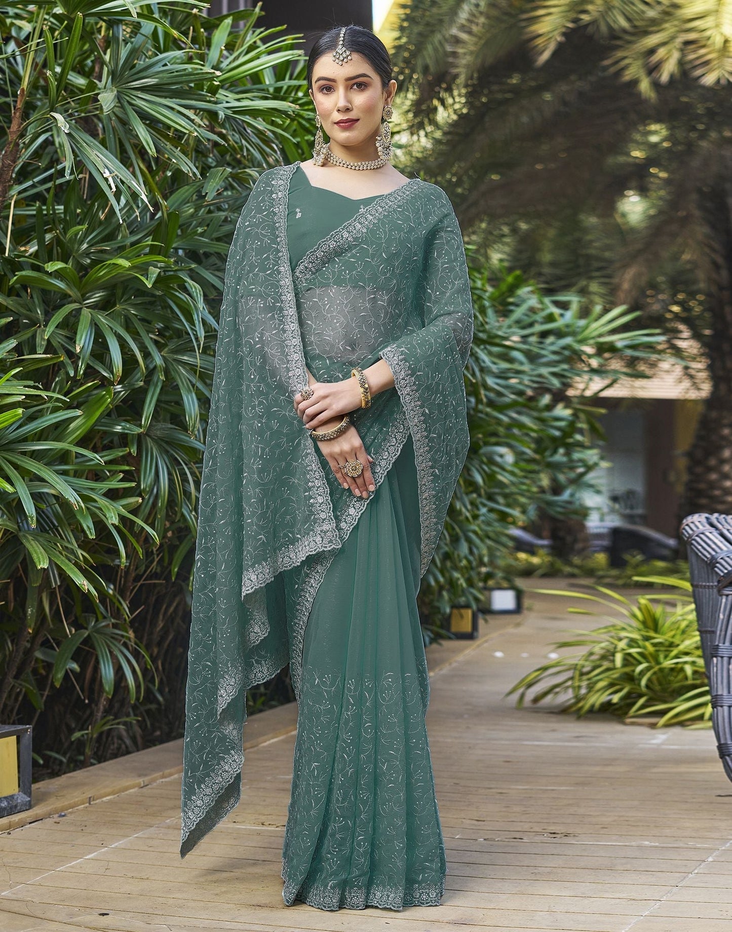 Dull Teal Plain Chiffon Saree