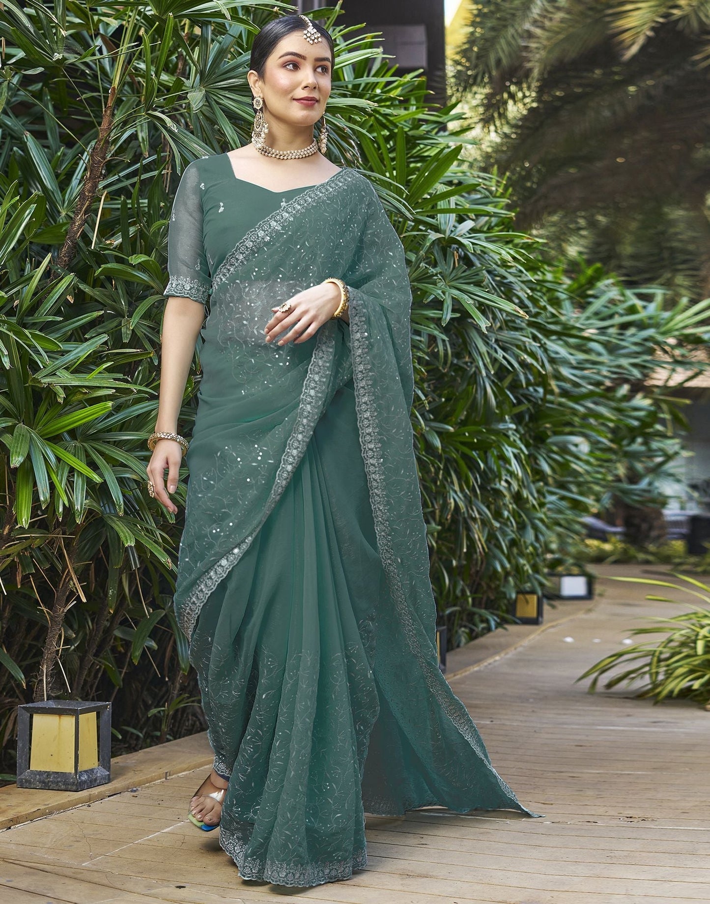 Dull Teal Plain Chiffon Saree