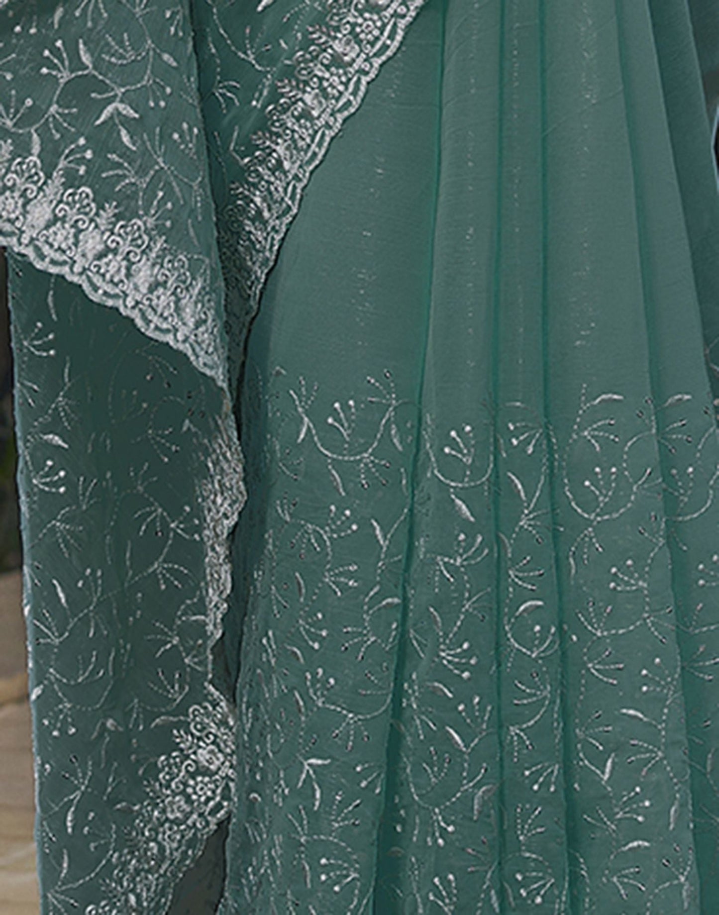 Dull Teal Plain Chiffon Saree