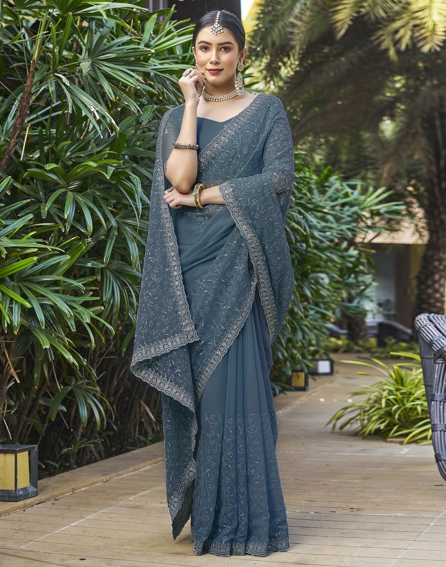 Dull Blue Plain Chiffon Saree