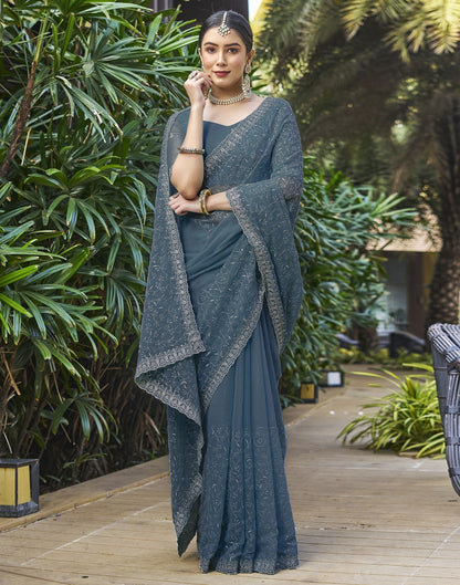 Dull Blue Plain Chiffon Saree