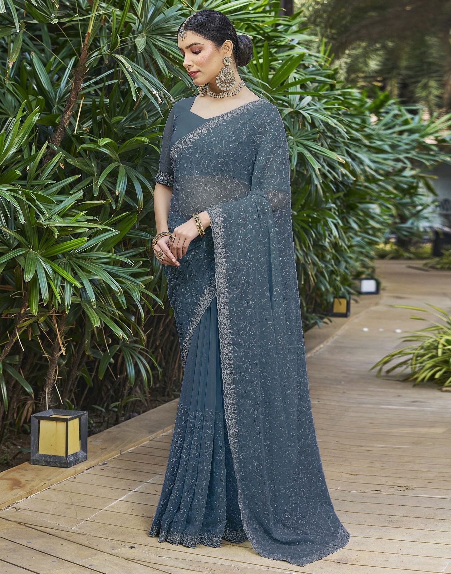 Dull Blue Plain Chiffon Saree