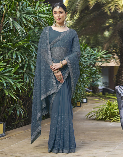 Dull Blue Plain Chiffon Saree