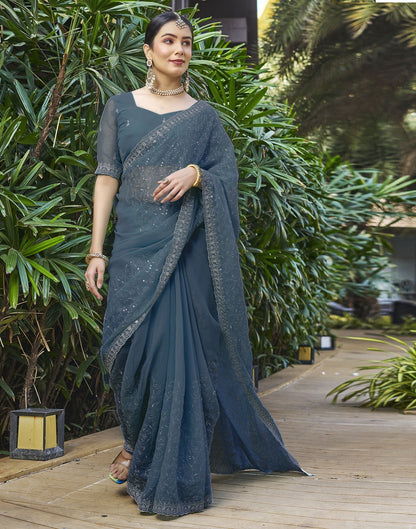 Dull Blue Plain Chiffon Saree