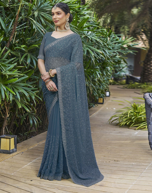 Dull Blue Plain Chiffon Saree