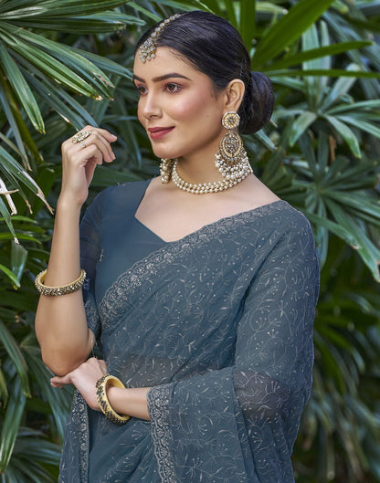 Dull Blue Plain Chiffon Saree