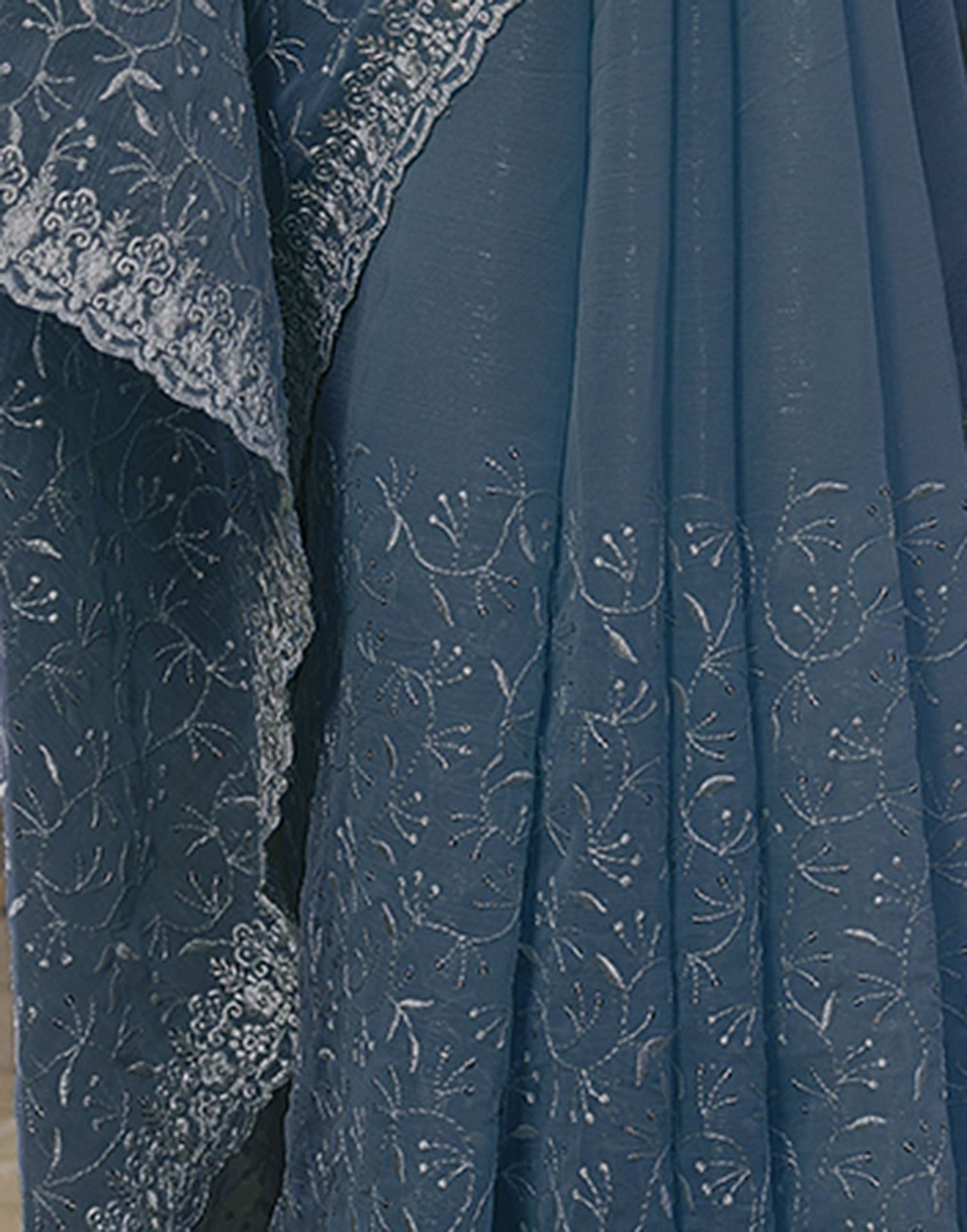 Dull Blue Plain Chiffon Saree