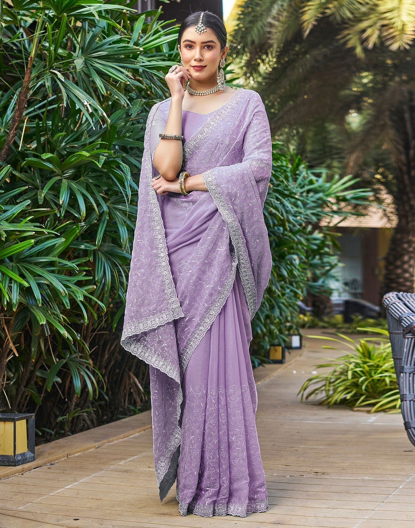 Light Purple Plain Chiffon Saree