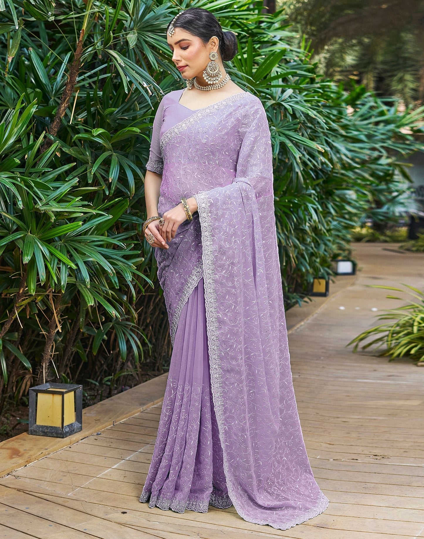 Light Purple Plain Chiffon Saree