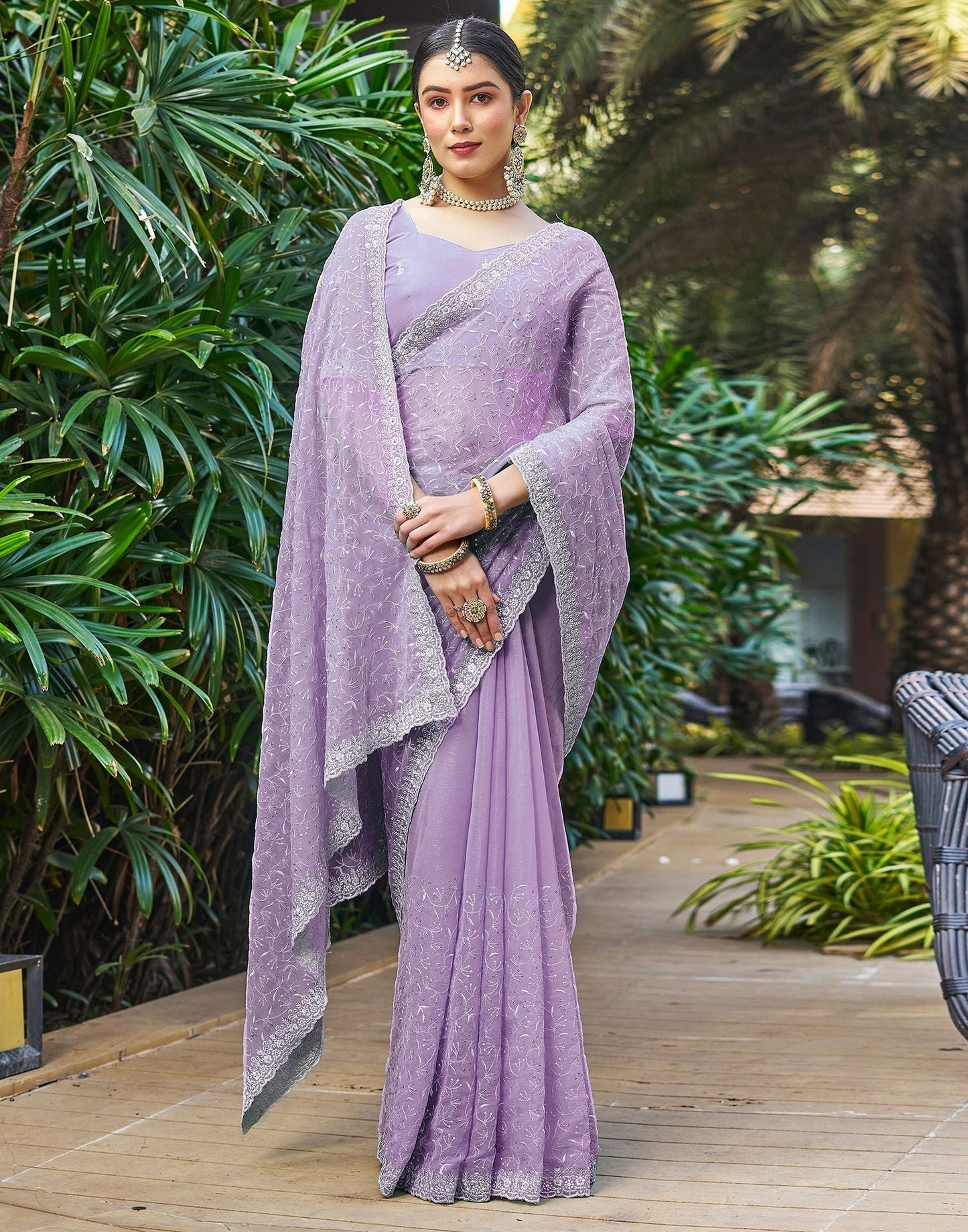 Light Purple Plain Chiffon Saree
